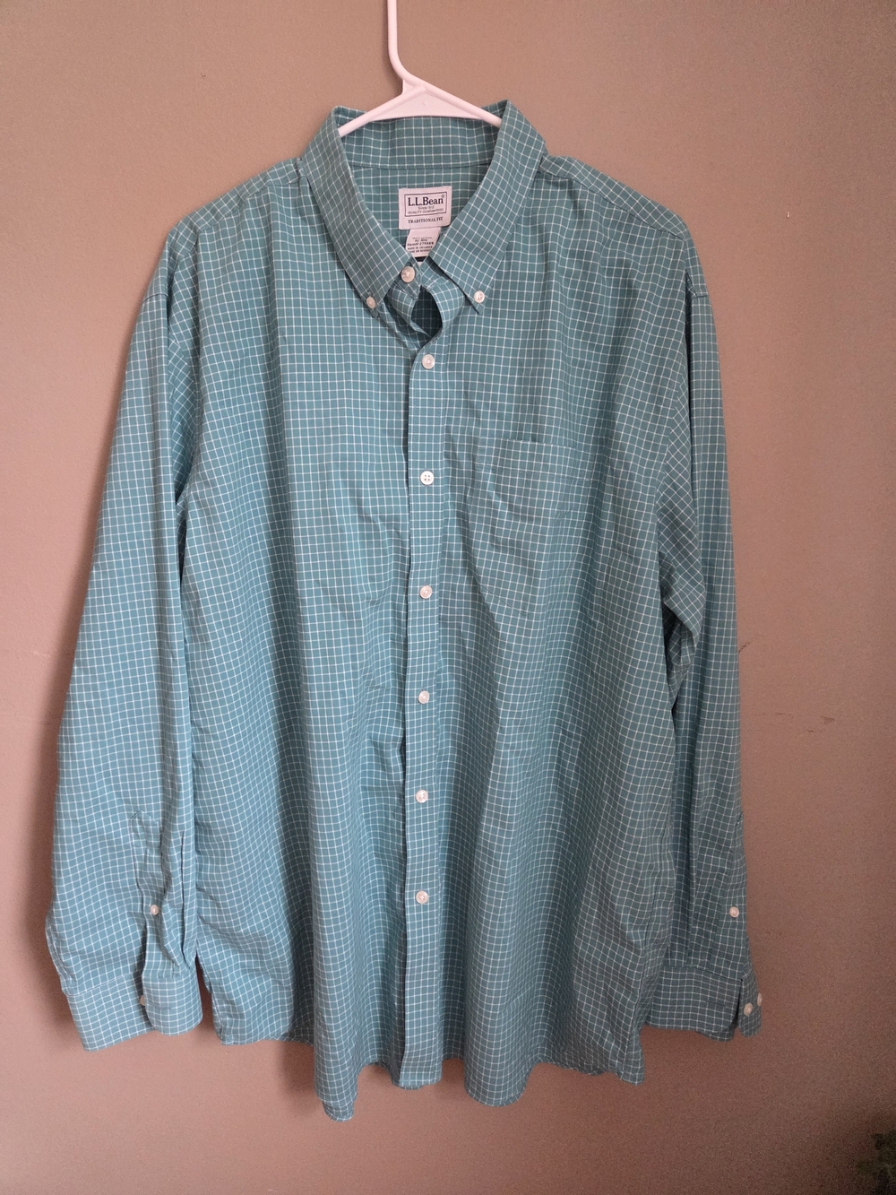 L.L.Bean Men’s XL Traditional Fit 100% Cotton Teal Check Button Down Shirt